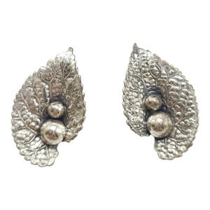 1950s Modernist Sterling Silver Screw Back Leaf Earrings Signed Beau Vintage